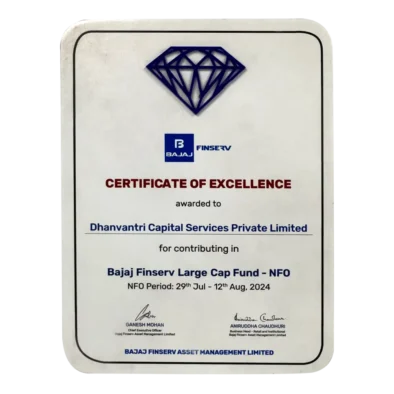 Dhanvantree – mutual fund distributor in Delhi awarded by Bajaj Finserv Mutual Fund AMC for outstanding performance in success of Bajaj Finserv Large Cap Fund NFO