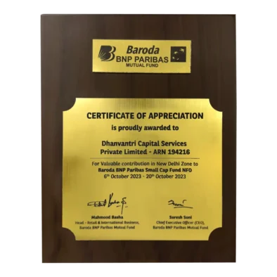 Dhanvantree – mutual fund distributor in Delhi awarded by Baroda BNP Pariba Mutual Fund AMC for outstanding performance in success of Baroda BNP Paribas Small Cap Fund NFO
