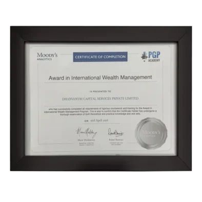 Dhanvantri Capital Services Pvt Ltd received an award from Moody's Analytics, PGP Academy for completion of International Wealth Management Program
