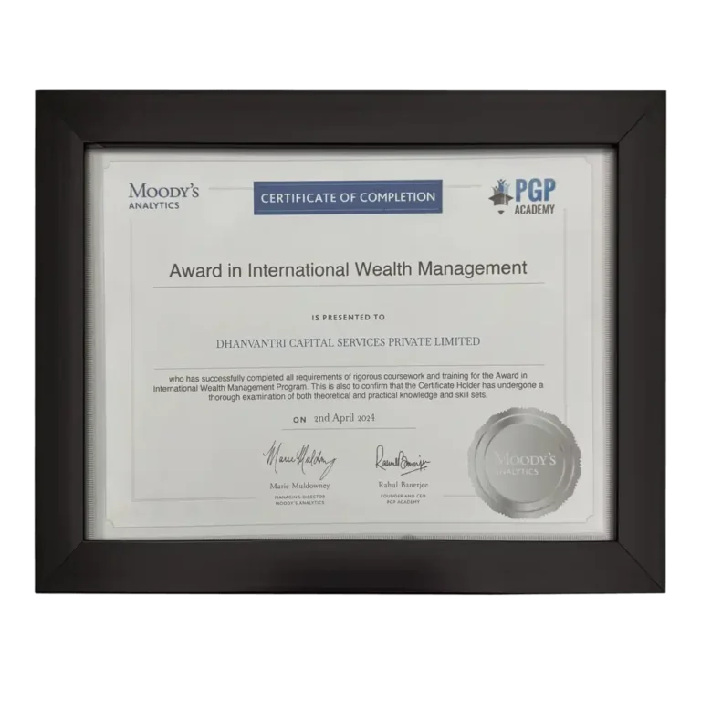 Dhanvantri Capital Services Pvt Ltd received an award from Moody's Analytics, PGP Academy for completion of International Wealth Management Program