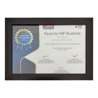 Dhanvantri Capital Services Pvt Ltd received an award from HDFC Mutual Fund for successful completion of Mutual Fund Training Program