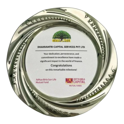 Dhanvantree – mutual fund distributor in Delhi awarded by Aditya Birla Sun Life Mutual Fund AMC for Milestone Achievement