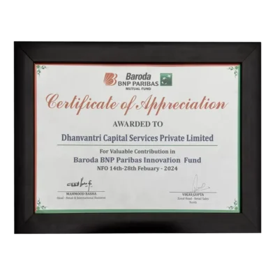 Dhanvantri Capital Services Pvt Ltd received an award from Baroda BNP Mutual fund AMC for its contribution Baroda BNP Innovation Fund NFO