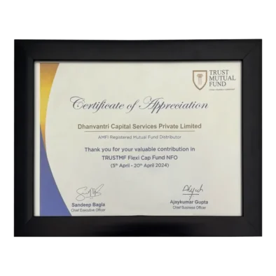 Dhanvantree – mutual fund distributor in Delhi awarded by Trust Mutual Fund AMC for outstanding performance in success of Trust Flexi Cap Fund NFO