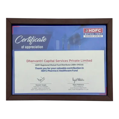 Dhanvantri Capital Services Pvt Ltd received an award from HDFC Mutual Fund AMC for outstanding performance in success of HDFC Pharma & Healthcare Fund NFO