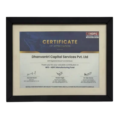 Dhanvantree – mutual fund distributor in Delhi awarded by HDFC Mutual Fund AMC for outstanding performance in success of HDFC Manufacturing Fund NFO