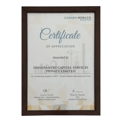 Dhanvantri Capital Services Pvt Ltd received an award from Canara Robeco Mutual Fund AMC for the success of Canara Robeco Manufacturing Fund