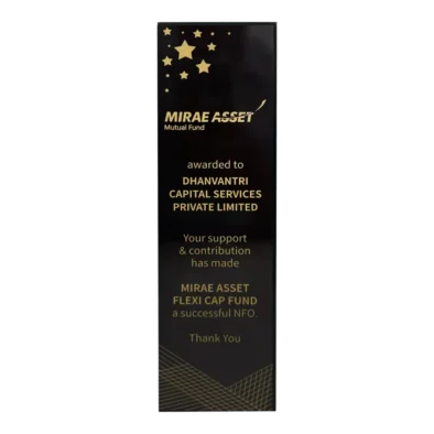 Dhanvantri Capital Services Pvt Ltd received an award from Mirae asset mutual funds AMC for outstanding performance in financial services.