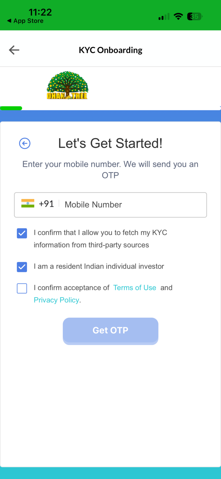 Dhanvantree App Sign Up Step 1
