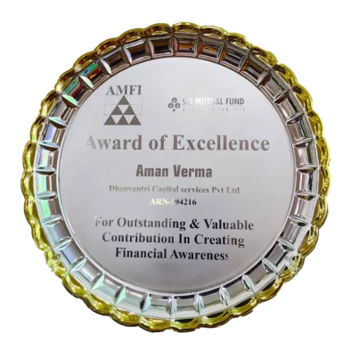Dhanvantree – mutual fund distributor in Delhi awarded by Award of Excellence By SBI Mutual Funds in financial services.